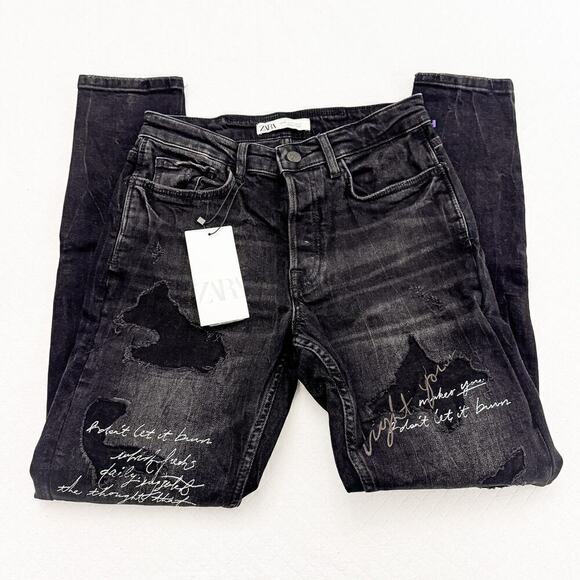 Zara Ripped Denim Graphic Text Distressed Denim Jeans Black/Gray NWT Size 40 - Picture 8 of 10